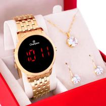 Relógio Champion Feminino Digital Led Vermelho Dourado CH40099H