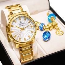 Relógio Champion Feminino Dourado Analógico CN26037W + Pulseira Berloques