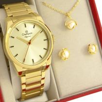 Relógio Champion Feminino Dourado Azul Prova d'água com 1 ano de garantia e colar e brincos