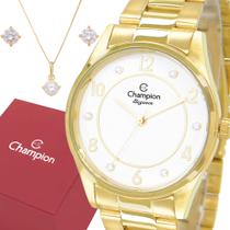 Relógio Champion Feminino Dourado Branco Prova d'água com 1 ano de garantia com colar e brincos