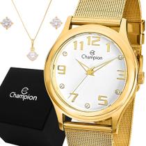 Relógio Champion Feminino Dourado Branco Prova d'água com 1 ano de garantia e colar e brincos