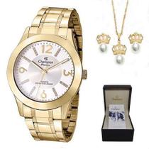 Relógio Champion Feminino Dourado - Brinco E Colar - CN29418B