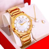 Relógio Champion Feminino Dourado CH24759W + Colar e Brincos Prova D Água Garantia de Um Ano