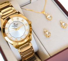 Relógio Champion Feminino Dourado CH24759W + Colar e Brincos Prova D Água Garantia de Um Ano