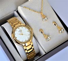 Relogio champion feminino dourado cn25234w + kit semi joia