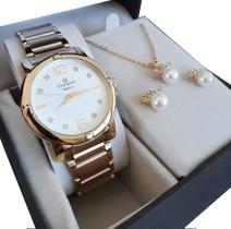 Relógio Champion Feminino Dourado CN25252W Kit Colar Brinco