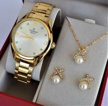 Relogio champion feminino dourado cn25681w + kit semi joia