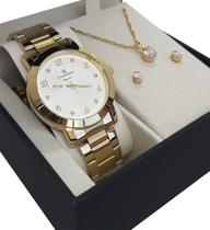 Relógio Champion Feminino Dourado CN26573W Kit Colar Brinco