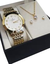 Relógio Champion Feminino Dourado CN28428W Kit Colar Brinco