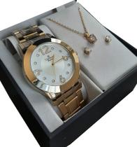 Relógio Champion Feminino Dourado CN29178B Kit Colar Brinco