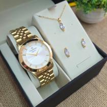 Relógio champion feminino dourado com colar e brincos cn25314w