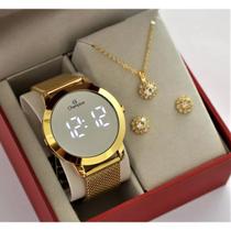 Relógio Champion Feminino Dourado Digital Espelhado CH40106B + Semi Joia