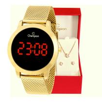 Relógio Champion Feminino Dourado Digital Led Vermelho CH40106H Colar e Brincos
