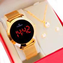 Relógio Champion Feminino Dourado Digital Led Vermelho CH40106H Kit Colar e Brincos