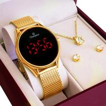 Relógio Champion Feminino Dourado Digital Led Vermelho CH40133V Kit Colar e Brincos