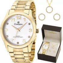 Relógio Champion Feminino Dourado + Kit Colar e Brincos - CN29070W