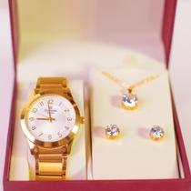 Relógio Champion Feminino Dourado Kit semi jóias Colar e Brincos Original