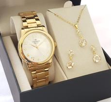 Relógio Champion Feminino Dourado Luxo com Kit colar e Brincos