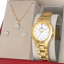 Relógio Champion Feminino Dourado Original 1 ano de garantia com colar e brincos