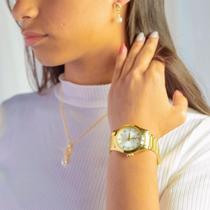 Relógio Champion Feminino Dourado original Elegance a prova d'agua garantia + colar e brincos