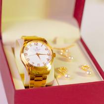 Relógio Champion Feminino Dourado original Rainbow a prova d'agua garantia + colar e brincos