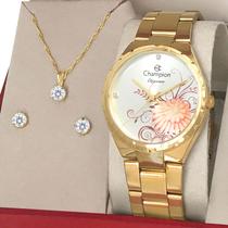 Relógio Champion Feminino Dourado Ouro Prova d'água com 1 ano de garantia e colar e brincos