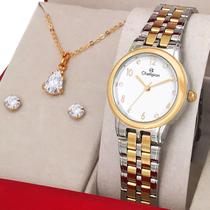 Relógio Champion Feminino Dourado Prova d'água com 1 ano de garantia e colar e brincos