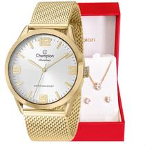 Relógio Champion Feminino Dourado Prova DAgua + Kit de Brincos e Colar Garantia De Um Ano
