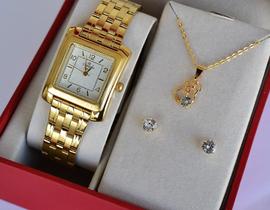 Relogio champion feminino dourado quadrado cn26448w + kit semi joia Relogio champion feminino dourado quadrado cn26448w + kit semi joia