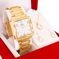 Relógio Champion Feminino Dourado Quadrado CN26582H Colar e Brincos