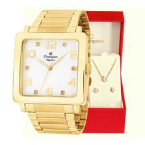 Relógio Champion Feminino Dourado Quadrado CN26582H Colar e Brincos