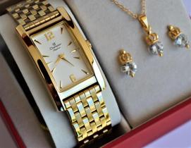 Relogio champion feminino dourado quadrado cn26608h + kit semi joia