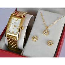 Relogio champion feminino dourado quadrado cn26608h + kit semi joia Relogio champion feminino dourado quadrado cn26608h + kit semi joia