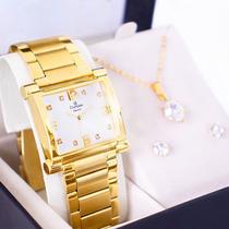 Relógio Champion Feminino Dourado Quadrado CN26939W