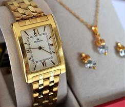 Relogio champion feminino dourado quadrado medio ch22395h + kit semi joia