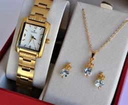 Relogio champion feminino dourado quadrado pequeno ch25187h + kit semi joia Relogio champion feminino dourado quadrado pequeno ch25187h + kit semi joia