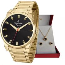Relógio Champion Feminino Dourado Visor Preto CN27590U + Kit Semi Joia