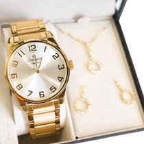 Relógio Champion Feminino Elegance Dourado CN27652W + Kit Colar e Brincos