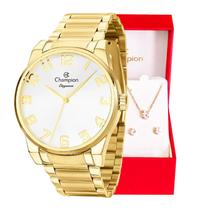 Relógio Champion Feminino Elegance Dourado de Pulso Mulher Presente Namorada CN27652W Kit Joias d