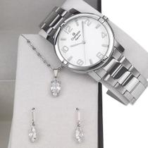 Relógio Champion Feminino Elegance Prateado Luxuoso + Kit Colar e Brincos