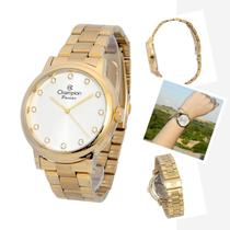 Relógio Champion Feminino Kit Semijoia Dourado Strass 50m