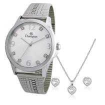 Relogio champion feminino medio prateado + kit semi joia cn21265q