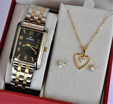 Relogio champion feminino misto quadrado cn20373k + kit semi joia Relogio champion feminino misto quadrado cn20373k + kit semi joia