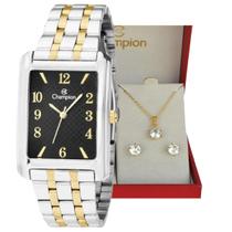 Relogio champion feminino misto quadrado cn20373k + kit semi joia