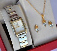 Relogio champion feminino misto quadrado pequeno ch25187b + kit semi joia Relogio champion feminino misto quadrado pequeno ch25187b + kit semi joia