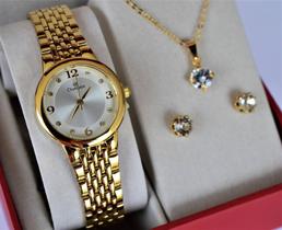 Relogio champion feminino pequeno dourado ch24857b + kit semi joia