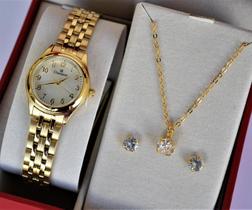 Relogio champion feminino pequeno dourado com numeros ch25972h + kit semi joia