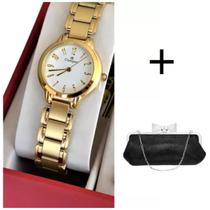 Relogio champion feminino pequeno dourado com numeros ch26944g + bolsa