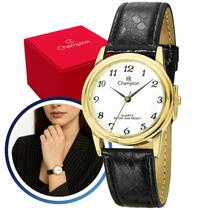 Relógio Champion Feminino Pequeno Dourado Original Pulseira Couro Preta Fundo Branco Social Elegante Analógico Resistente à Água 5 ATM