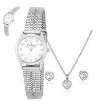 Relogio champion feminino pequeno mini prateado + kit semi joia cf24046q